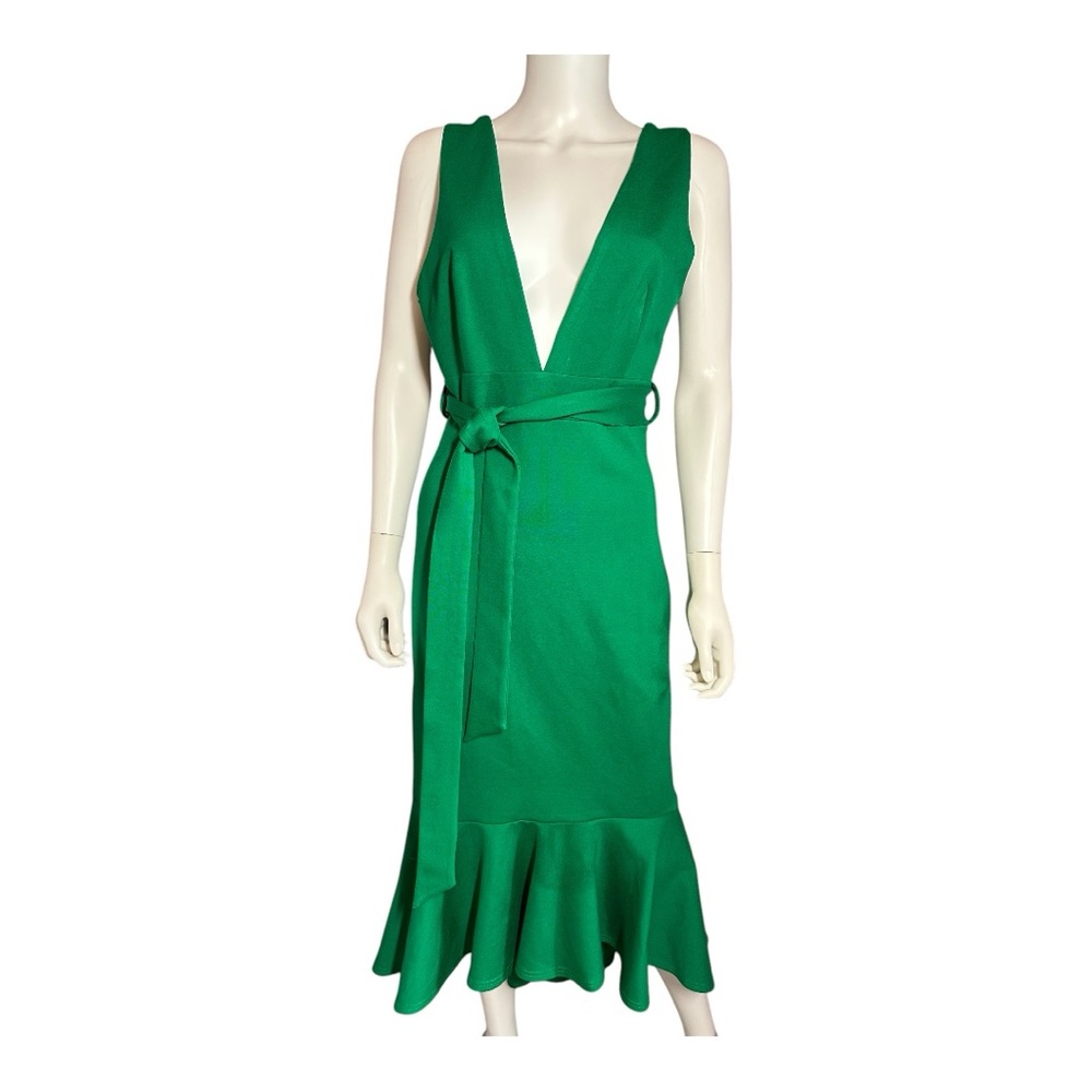 Lena Green Plunge Neck Sheath High/Low Midi Dress, Size L #203